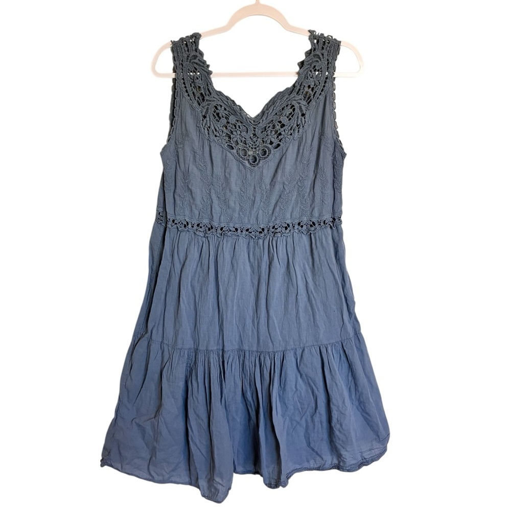 Slate Blue Boho Cotton Tiered Midi Summer Dress - M